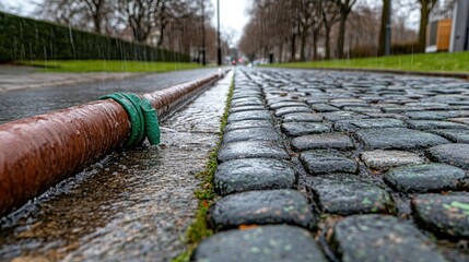 Red plastic pipe leaking water lies on cracked brick pavement, illustrating ongoing infrastructure work in an urban area