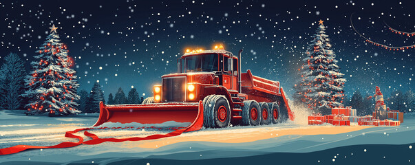 Snowplow working overtime, clearing the way for Christmas shoppers, adorned with red ribbons, Christmas trees, and sparkling lights