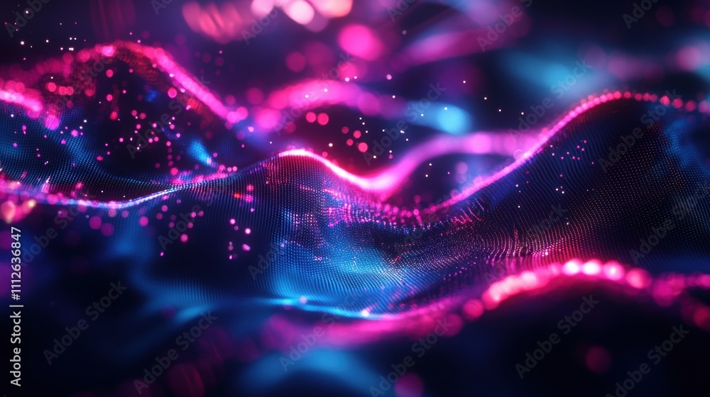 Poster abstract digital landscape with vibrant pink and blue flowing waves, creating a captivating and dyna