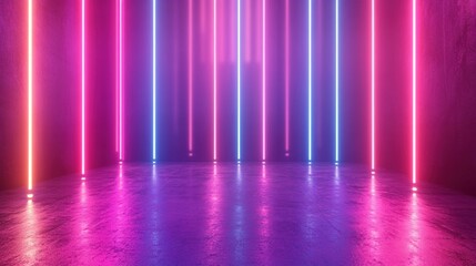 Vibrant neon-lit studio space with colorful vertical lights.