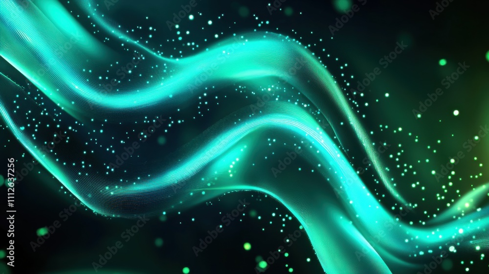Poster abstract green wavy lines with glowing particles create a dynamic and atmospheric background.