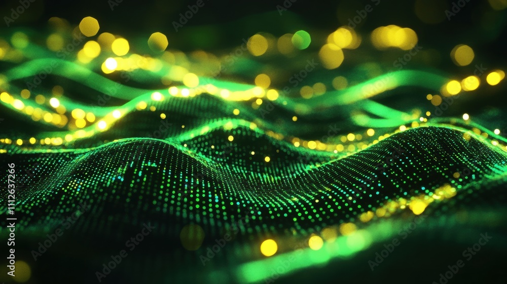 Poster abstract green and gold digital landscape with shimmering lights, creating a sense of depth and moti