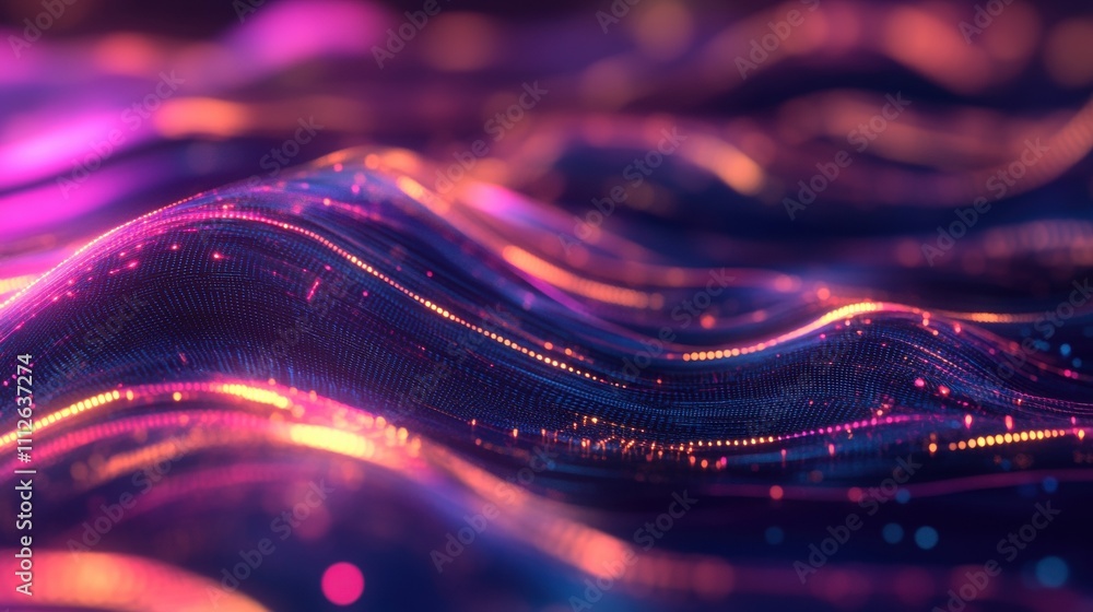 Poster a mesmerizing wave of colorful light patterns, evoking a sense of rhythm and motion.