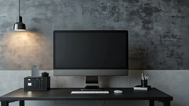 Modern Dark Workspace Setup: iMac, Desk, Concrete Wall