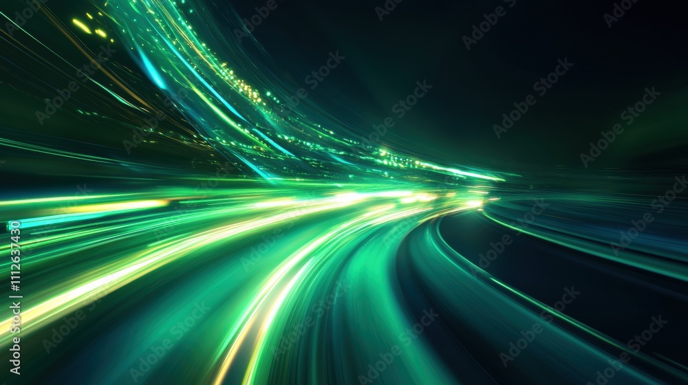 Poster abstract image showcasing dynamic light trails in green and blue hues, creating a sense of speed and
