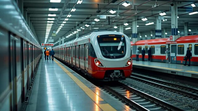 A city train pulls away on a busy platform as passengers prepare to board