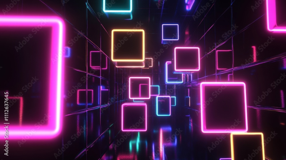 Poster a vibrant and futuristic neon tunnel with glowing squares in various colors, creating an immersive v