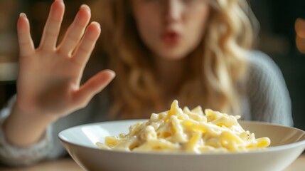 In a warm, inviting cafe, a woman with curly hair gestures towards a bowl of creamy pasta, savoring the moment while enjoying her meal on a sunny afternoon. The atmosphere is relaxed and friendly.