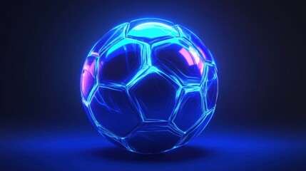 Fototapeta premium A glowing blue soccer ball with a modern, futuristic design, set against a dark background, evoking a sense of energy and motion.