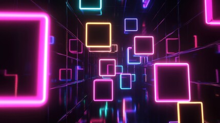 A vibrant and futuristic neon tunnel with glowing squares in various colors, creating an immersive visual experience.