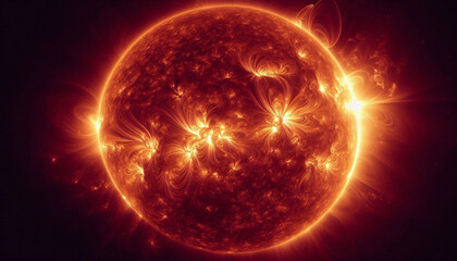 Close-up view of sun's surface with radiant flares and intense brightness. Generative AI.