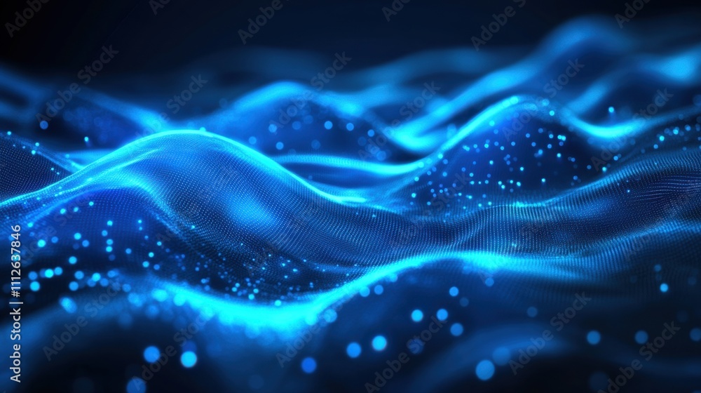 Poster abstract blue waves with glowing particles create a dynamic and soothing digital landscape.