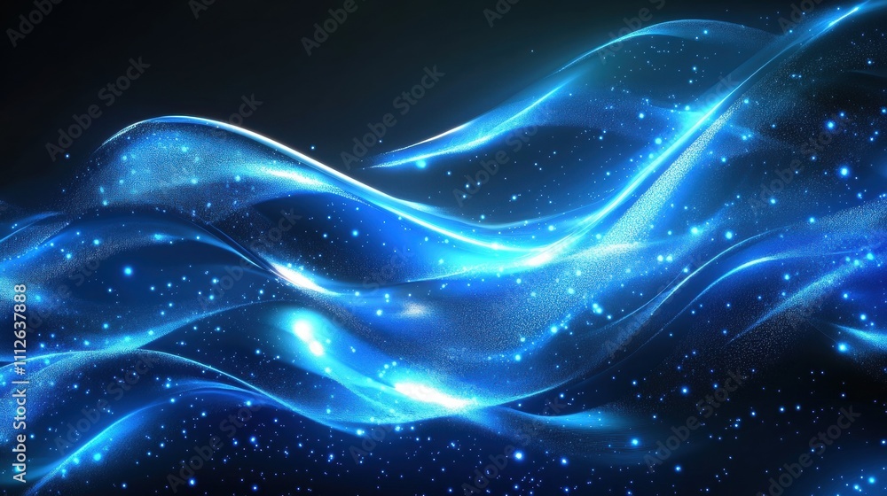 Poster dynamic blue waves with sparkling light, creating a sense of movement and tranquility.