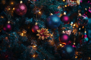 Christmas and New Year background. Christmas tree with decorations on bokeh background