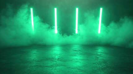A dramatic scene featuring green neon lights in a fog-filled environment, creating an atmospheric and immersive effect.