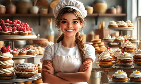 A cheerful baker in a pastry shop surrounded by delicious desserts and pastries.