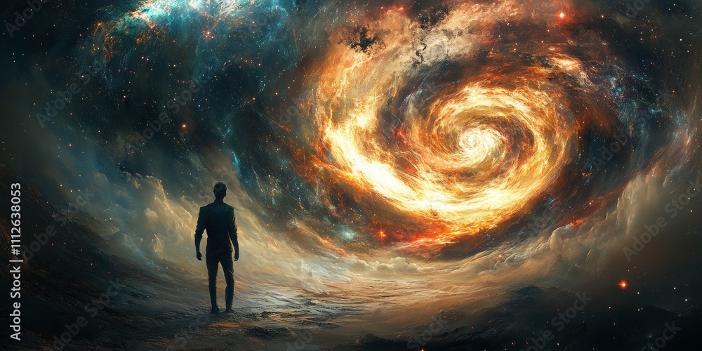 Poster cosmic entity from black hole, a luminous figure forms from a dark vortex, illuminated by radiant st