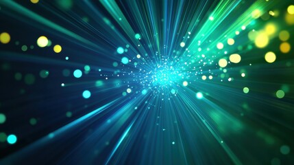 Fototapeta premium A vibrant explosion of blue, green, and yellow lights radiating outward, creating a dynamic and energetic visual effect.