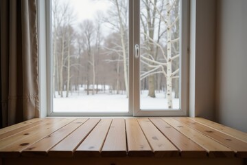 Serene winter landscape viewed through a cozy cabin window.