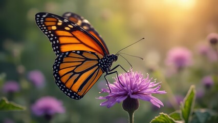 Obraz premium A butterfly sitting on top of a purple flower