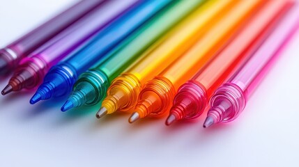 A set of colorful gel pens arranged in a rainbow gradient, placed neatly on a white background. The vibrant hues and clean layout make the composition visually striking. Perfect for creative 