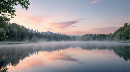 Obraz premium A serene lake at dawn with mist rising from the water's surface, mist, landscape