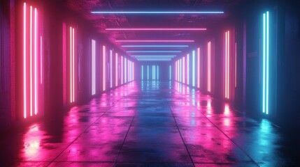 Fototapeta premium A vibrant tunnel illuminated with pink and blue neon lights reflecting on a wet floor, creating a futuristic atmosphere.