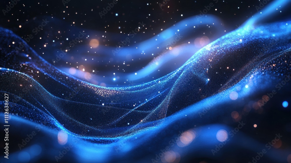 Poster dynamic blue waves with shimmering particles create an ethereal and enchanting abstract landscape.