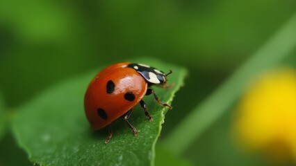 Fototapeta premium A ladybug sitting on a green leaf with a yellow flower in the background
