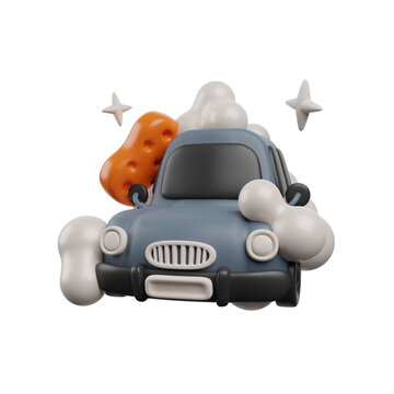 Cute 3D low poly illustration. A car in foam with sponge nearby 3D render icon