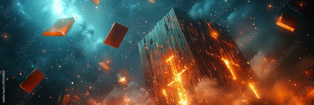 Poster cosmic library, a vast space filled with floating books, illuminated by shimmering stars, creating a