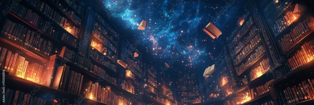 Poster cosmic library of floating books, illuminated by glowing stars, a surreal realm of knowledge and won