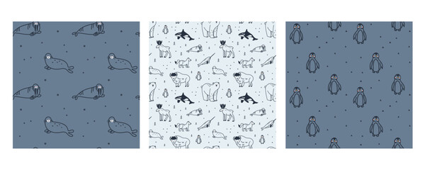 Arctic animals seamless pattern set. Doodle Polar birds and mammals. Northern cute inhabitants. Textile, wrapping paper, wallpaper design. Print for fabric Cartoon flat isolated north fauna background © Mariya