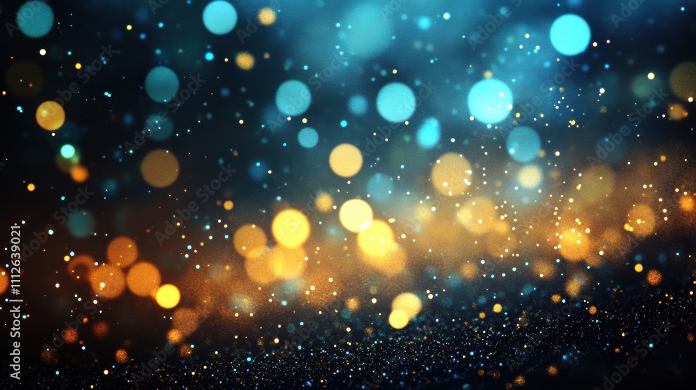 Poster a mesmerizing display of shimmering golden and blue bokeh lights against a dark backdrop, creating a