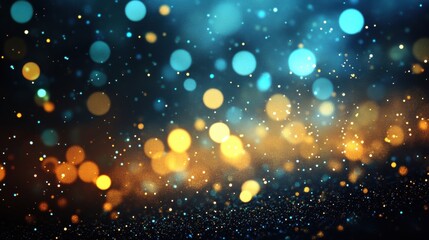 A mesmerizing display of shimmering golden and blue bokeh lights against a dark backdrop, creating a magical atmosphere.
