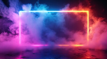 Fototapeta premium A vibrant neon frame surrounded by colorful smoke, creating a surreal and atmospheric effect.