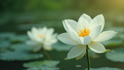 A white lotus flower in the middle of a pond with green leaves