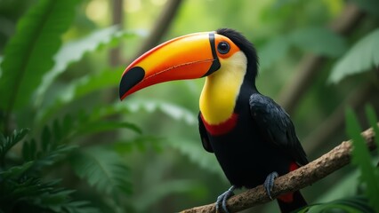 Naklejka premium A colorful bird sitting on a branch in a forest