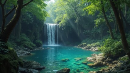 A waterfall in the middle of a lush green forest