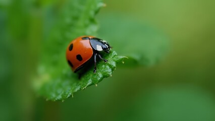 Obraz premium A ladybug sitting on top of a green leaf