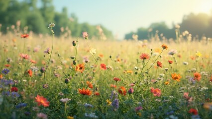 A field full of colorful flowers with the sun setting in the background