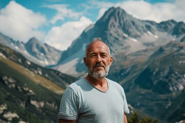 Naklejka premium Portrait of a blissful man in his 50s dressed in a casual t-shirt over backdrop of mountain peaks