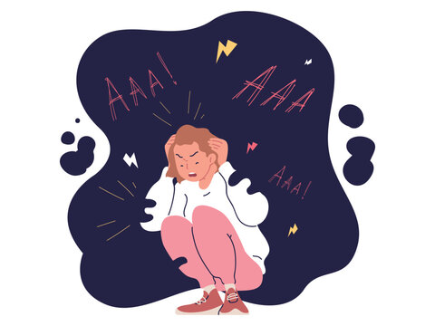 Post traumatic stress. Sad woman psycho obsessive compulsive issues, mental disorder ptsd depression traumatic pain anxiety loneliness obsessed person vector illustration