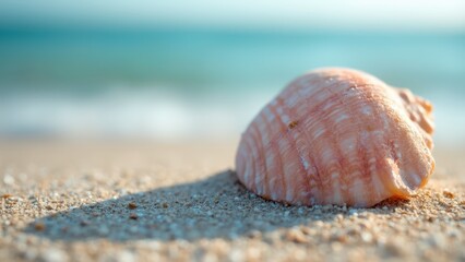 A shell on the sand of a beach with the ocean in the background