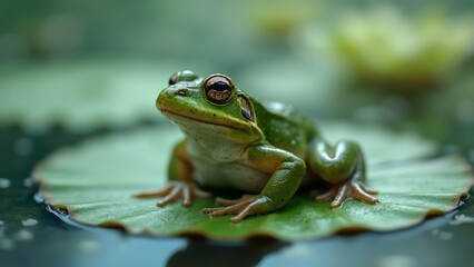 A green frog sitting on top of a green leaf