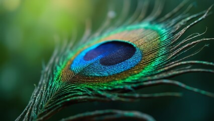A close up of a peacock feather on a green background