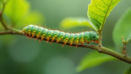 Naklejka premium A green caterpillar on a branch of a tree