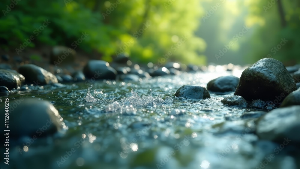 Poster a stream running through a forest filled with rocks