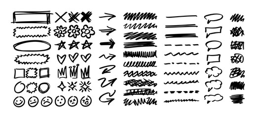 Graffiti sketch, brushstroke scribble elements, hand drawn doodle shapes and highlights isolated set