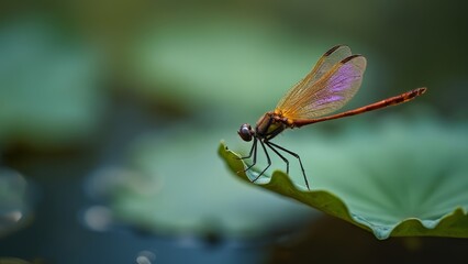 A dragonfly sitting on top of a green leaf
